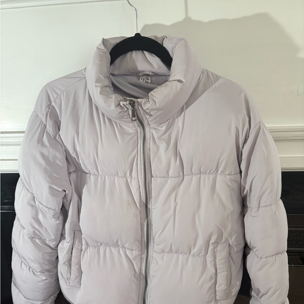 Lavender cropped puffer.